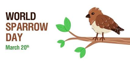 Banner for world sparrow day. Hand drawn illustration of a sparrow sitting on a branch with leaves. vector