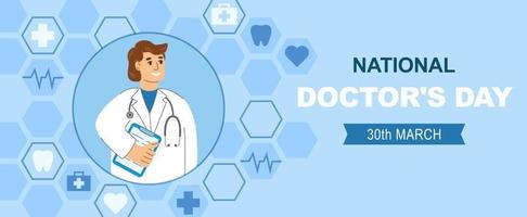 Horizontal banner for national doctor day celebration. Flat cartoon illustration medical banner. vector