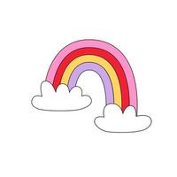 Retro illustration with rainbow and clouds. Groovy sticker about sky. Romantic vector illustration in pastel colors