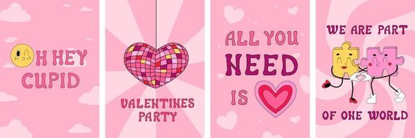 Retro cards on Valentine's Day. Groovy elements in cartoon style. Disco romantic vibe in vintage illustration vector