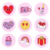 Valentines day groovy set. Retro characters. smiling heart, cute mail, rainbow, cupcake, gift, disco ball. Cartoon romantic collection with hippy illustration about love vector