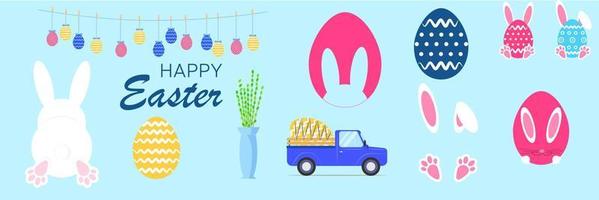 Set of Easter symbols. Flat illustration. Car with eggs, bunny, rabbit, eggs, spring elements, willow. Vector illustraiton.