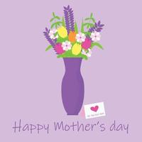 Square card for Mother's Day. Bouquet of flowers in vase. Purple color. Vector illustration.