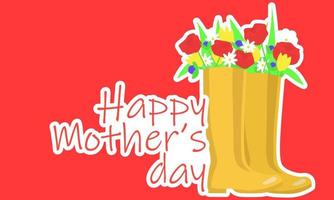 Banner or card for Mother's Day. Card with bouquet of flowers in yellow boots. vector