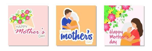 Set of card for Mother's Day. Square banner for holiday. Mother with child. Vector illustraiton.