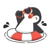 linda pingüino nadando inflable anillo icono vector