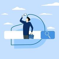 search engine optimization, find information, Search, discover or research, SEO, new job or explore website concept, businessman with magnifying glass find new website from search box. vector