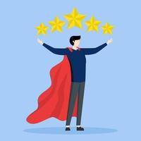5 star expert, award winning or best rating concept, excellence or great service, professional quality and good reputation, businessman superhero bring big gold customer 5 star rating feedback.