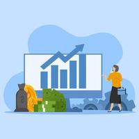 graphical representation of financial data and framed line chart, concept of business management, financial capitalization, business growth, business woman standing and showing growth diagram. vector. vector