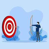 goal concept, target goals in business, optimistic in achieving goals, Businessman shooting arrows at target, reflecting work concept to achieve set goals, flat vector illustration.