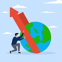 business growing, world economy improving or improving, elegant businessman worker with globe planet and up arrow, vector illustration design.