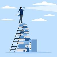 Studying or learning helps to achieve goals and success, motivation or ambition to learn new skills, business education concept, smart businessman climbing on a stack of books to see the future. vector