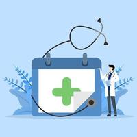 define medical checkup schedule, health care policy, medical service, annual checkup, pharmaceutical medicine,male doctor standing next to calendar, flat vector illustration
