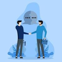 perfect couple connection concept, Success communication, discussion or interview, reach a business deal, solution or partnership deal, businessman handshake with connected speech bubble jigsaw. vector