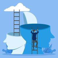 Human head and ladder, next level upgrade, training and mentoring, pursuit of happiness, self esteem and self confidence, man climbing ladder to big head, vector flat illustration