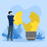 idea, creativity or innovation to fix a problem or problem concept, Problem solver, get solution to overcome difficulties, Businessman solving light bulb idea puzzle by connecting last jigsaw pieces. vector