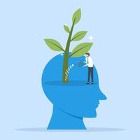 Growth mindset, training to believe in success, motivation or coaching, growing attitude concept, personal development or improvement, man watering plant seeds growing from head brain. vector