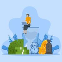 concept, time to make more money, finance business, work vector illustration to earn money depending on time, businesswoman with laptop sitting on hourglass, icon design background