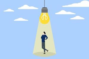 Innovation, solution to solve problem or brainstorming concept, creativity or imagination for business success, thinking idea, smart businessman thinking under bright light bulb inspiration. vector