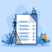 concept teamwork, reporting document with graphic data checklist, Businessman is investigating business sales growth, successful marketing strategy, flat blue vector illustration banner