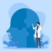 illustration of mental hygiene and self-development. doctor character with a big head-shaped puzzle, self-learning and easy to solve problems. Psychotherapy concept. Vector illustration