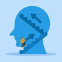 Profile of human head and ladder. Self improvement psychology education concept, training course in growth mindset. Development of personal potential, woman climbing the ladder to the top. vector