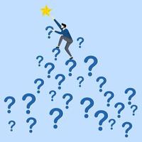 looking for a way out of a problem, a question to reach a goal,Businessman climbs a question mark to reach a star, Solve a problem to reach a goal, flat vector illustration