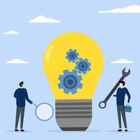 Product development, project management or productivity concept, research and process optimization for launching new product, businessman with magnifying glass with light bulb idea with gears. vector