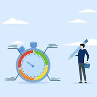 evaluating efficiency or project resource planning concept, Time tracking or time management system to manage project or productivity, businessman standing with stop watch timer spending time pie char vector