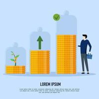 Pension fund, income growth, capital allocation, savings, long term investment, earn more, income increase, businessman standing with pile of coins, financial success, flat vector illustration