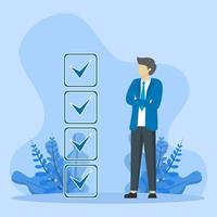 complete task or work concept, finish work check mark, Businessman make right choice, Checkbox, Correct answer, Businessman, Selection, Vector web background illustration