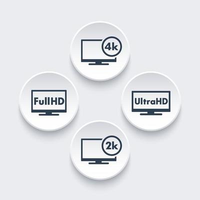 High Definition icons set, Full HD, Ultra HD, 2k, 4k video, vector illustration