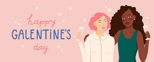 contento galentines día vector tarjeta, bandera. dos joven mujer, hembra amigos son Bebiendo vino plano dibujos animados ilustración