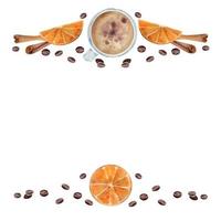 Watercolor hand drawn border frame with coffee cups, beans, orange slices, juice drops, cinnamon stick. Isolated on white background. For invitations, cafe, restaurant food menu, print, website, cards vector