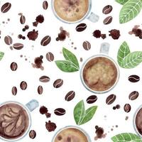 Watercolor hand drawn seamless pattern with coffee cups, beans, leaves, stains and splashes. Isolated on white background. For invitations, cafe, restaurant food menu, print, website, cards vector