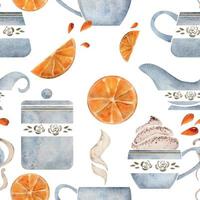 Watercolor hand drawn seamless pattern with coffee cups, beans, leaves, orange, jars and creamers. Isolated on white background. For invitations, cafe, restaurant food menu, print, website, cards vector