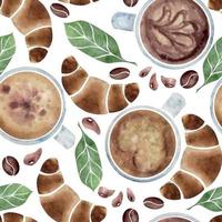 Watercolor hand drawn seamless pattern with capuccino coffee cups, beans, leaves, drops, croissant. Isolated on white background. For invitations, cafe, restaurant food menu, print, website, cards vector