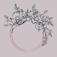 Hand drawn vector ink orchid flowers and branches, monochrome, detailed outline. Circle wreath composition. Viva magenta color. Design for wall art, wedding, print, tattoo, cover, card.