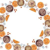 Watercolor hand drawn circle frame wreath with coffee cups, sugar cubes, orange drops and slices. Isolated on white background. For invitations, cafe, restaurant food menu, print, website, cards vector
