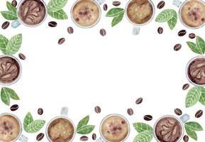 Watercolor hand drawn border frame with capuccino coffee cups, fresh and roasted beans, green leaves. Isolated on white background. For invitations, cafe, restaurant food menu, print, website, cards vector