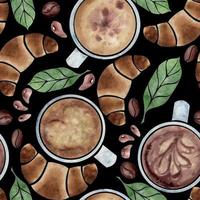 Watercolor hand drawn seamless pattern with capuccino coffee cups, beans, leaves, drops, croissant. Isolated on dark background. For invitations, cafe, restaurant food menu, print, website, cards vector