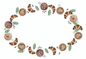 Watercolor hand drawn circle frame wreath with capuccino coffee cups, leaves, beans, croissants. Isolated on white background. For invitations, cafe, restaurant food menu, print, website, cards vector