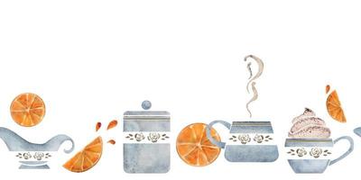 Watercolor hand drawn horizontal seamless banner with coffee cups, leaves, beans, cream, orange slices. Isolated on white background. For invitations, cafe, restaurant food menu, print, website, cards vector