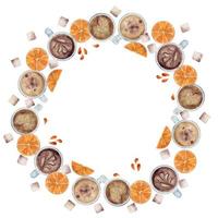 Watercolor hand drawn circle frame wreath with coffee cups, sugar cubes, orange drops and slices. Isolated on white background. For invitations, cafe, restaurant food menu, print, website, cards vector