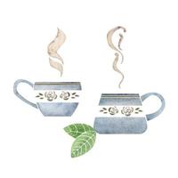 Watercolor hand drawn composition with porcelain capuccino coffee cups, leaves, foam art, top view. Isolated on white background. For invitations, cafe, restaurant food menu, print, website, cards vector