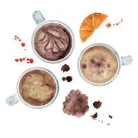 acuarela mano dibujado composición con capuchino porcelana y oro café tazas, canela, naranja. aislado en blanco antecedentes. para invitaciones, cafetería, restaurante comida menú, imprimir, sitio web, tarjetas vector