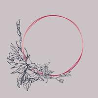 Hand drawn vector ink orchid flowers and branches, monochrome, detailed outline. Circle wreath composition. Viva magenta color. Design for wall art, wedding, print, tattoo, cover, card.