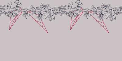 Hand drawn vector ink orchid flowers and branches, monochrome, detailed outline. Horizontal seamless banner. Viva magenta color. Design for wall art, wedding, print, tattoo, cover, card.