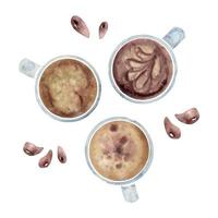 Composición acuarela dibujada a mano con tazas de café estilizadas de porcelana capuccino y arte de espuma, vista superior. aislado sobre fondo blanco. para invitaciones, cafetería, menú de restaurante, impresión, sitio web, tarjetas vector