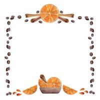 Watercolor hand drawn border frame with coffee cups, beans, orange slices, juice drops, cinnamon stick. Isolated on white background. For invitations, cafe, restaurant food menu, print, website, cards vector